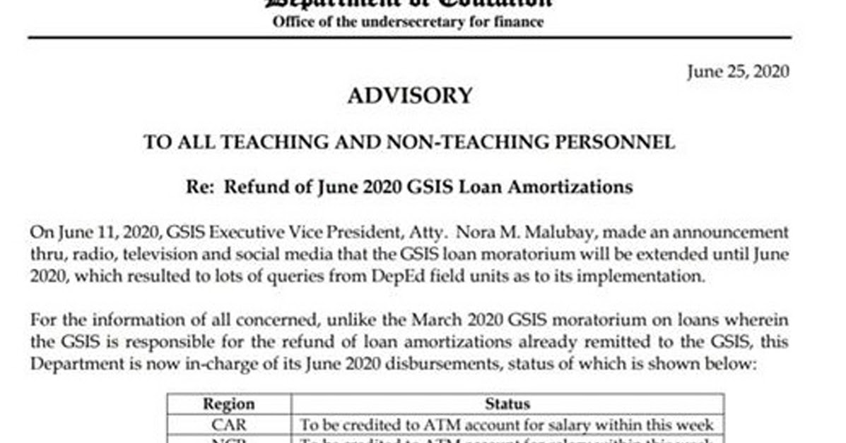 Refund of June 2020 GSIS Loan Amortizations to DepEd Personnel
