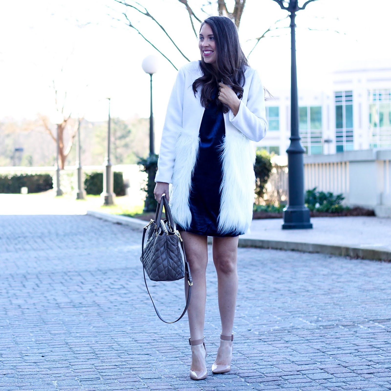 Velvet Navy Shift Dress, Velvet Dress, Blue velvet, White Faux Fur Coat, Chicwish White Faux Fur Coat, Fashion Blogger, Winter Style, Winter Trends, Pretty in the Pines, Cute Winter Outfit Idea, Nude Ankle Strap Pumps