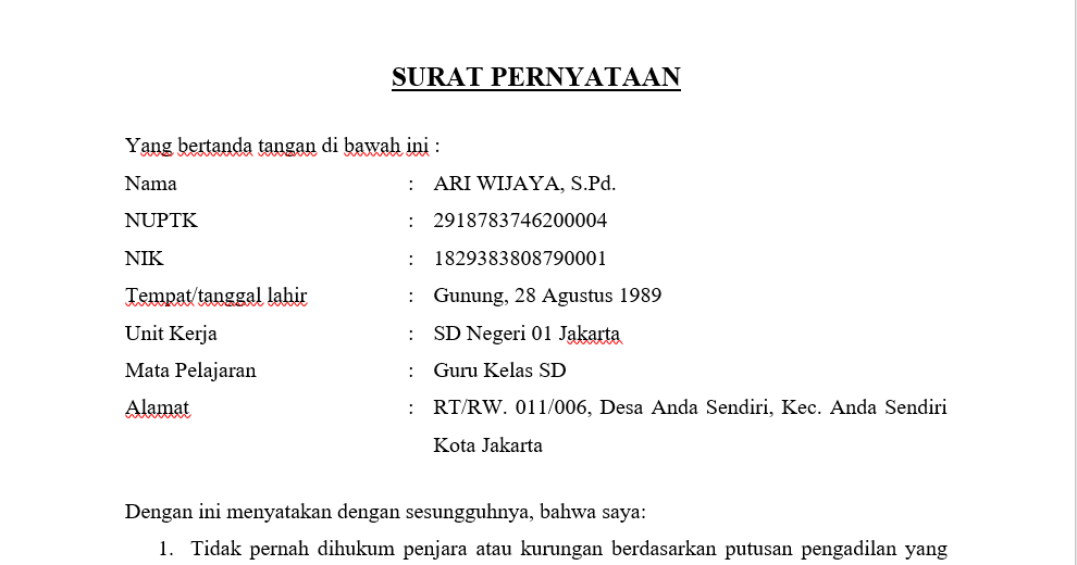 Contoh Surat Pernyataan Pppk Yang Baik Dan Benar Tahun 2019