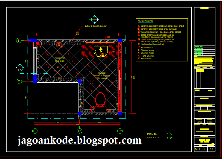Desain Denah Kamar Mandi WC Lantai Bawah Autocad File dwg 