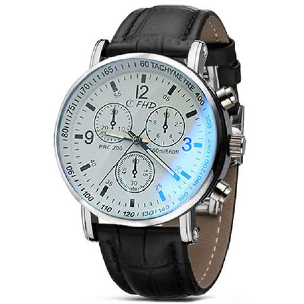 Men Faux Leather Blue Ray Glass Quartz Analog Watches Brown