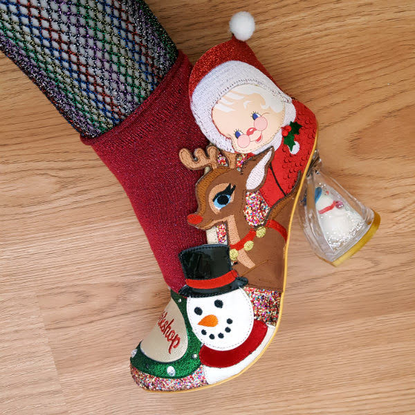 Irregular Choice reindeer, snowman and Mrs Claus shoe with snowman snow filled heel festive christmas shoe with snowman snowglobe heel