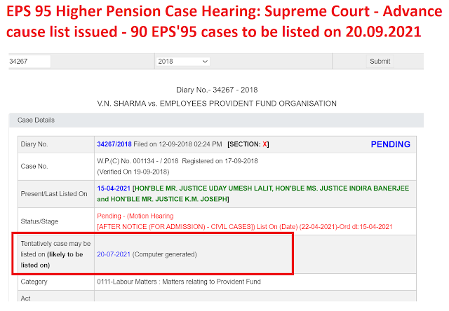 EPS 95 Higher Pension Case Hearing: Supreme Court - Advance cause list issued - 60 EPS'95 cases to be listed on 20.07.2021