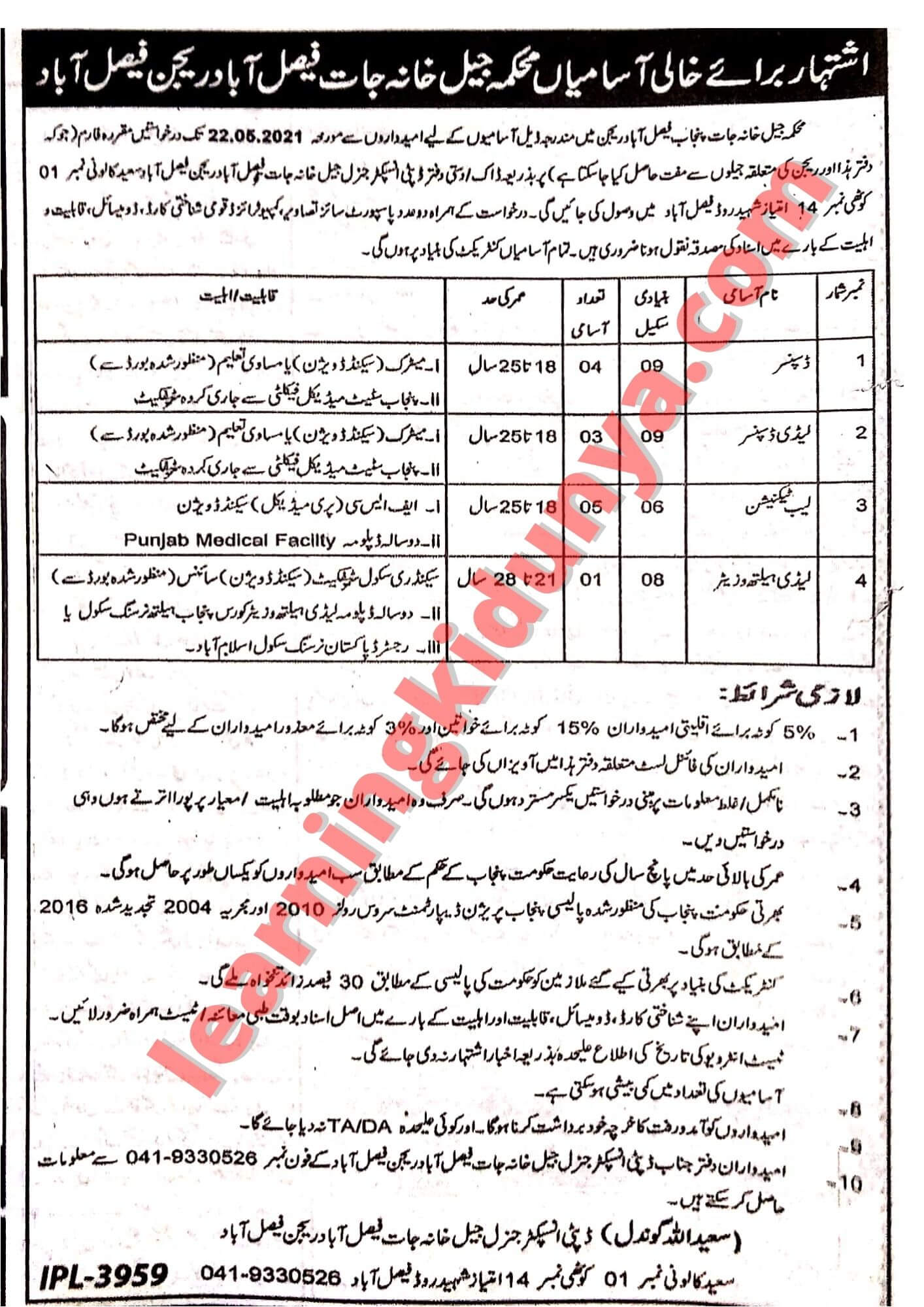 Jail Department Faisalabad Jobs 2021 | learning ki dunya