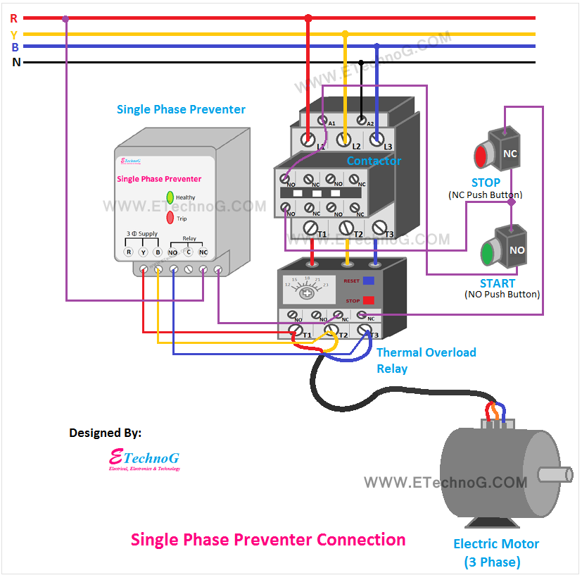 Working and connection diagram of Single Phasing Preventer - ETechnoG
