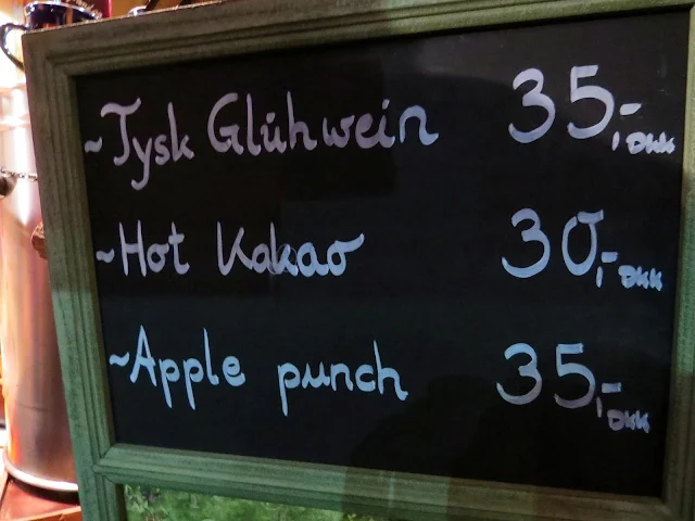 Menu highlighting the high cost of gluehwein at the Copenhagen Christmas Market