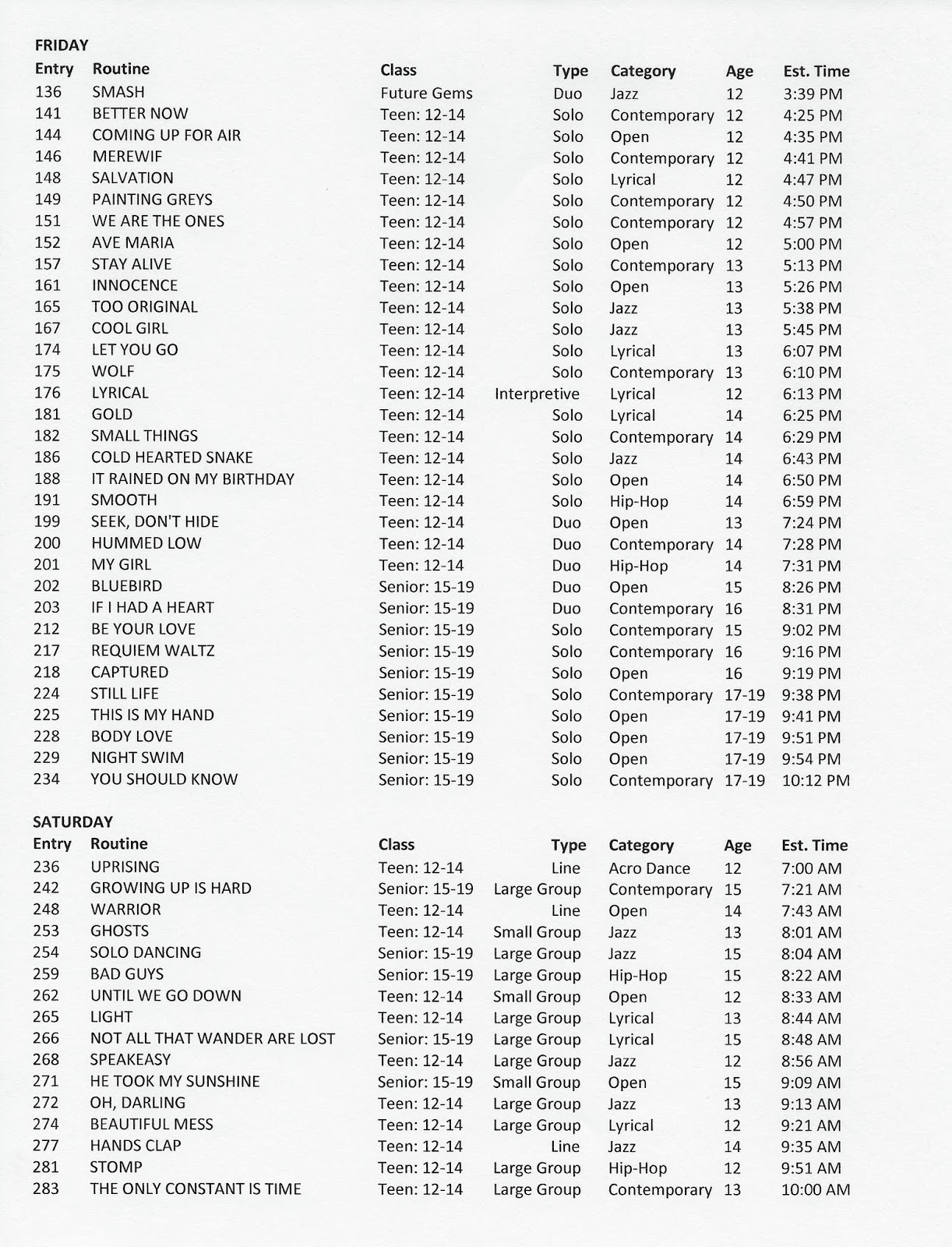 Spotlight Preliminary Schedule