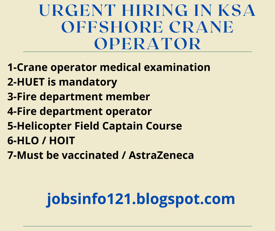 urgent hiring in KSA offshore crane operator JOBS GULF