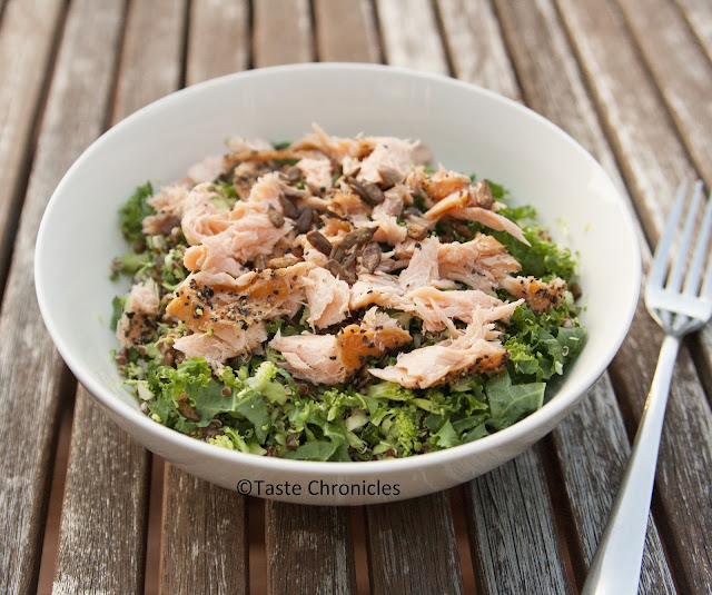 Power Salad - Red quinoa, Kale, Broccoli and smoked Salmon topped with crunchy toasted sunflower seeds