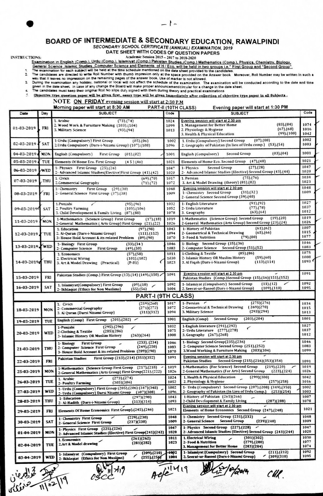 Rawalpindi Board 9th and 10th Class Date Sheet 2020 SSC Part I and II