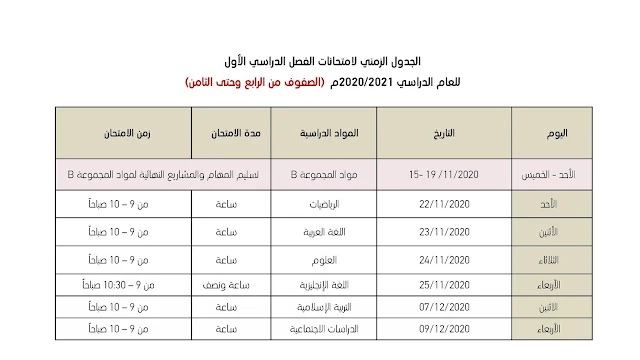 جدول امتحانات الفصل الاول 2020 صف اول الى صف ثامن