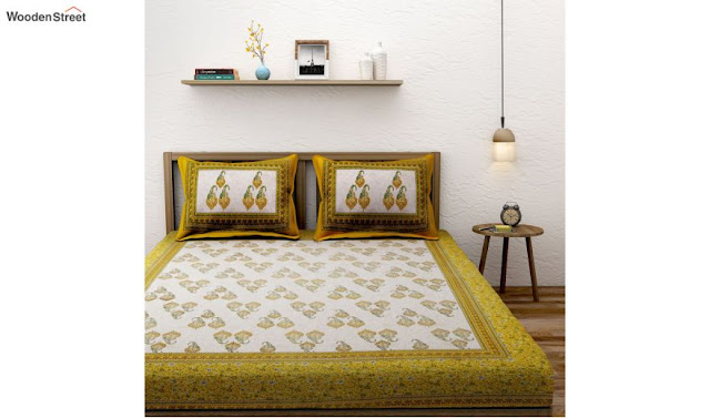 White and Yellow Paisley Print Double Bed Sheet With Pillow Covers