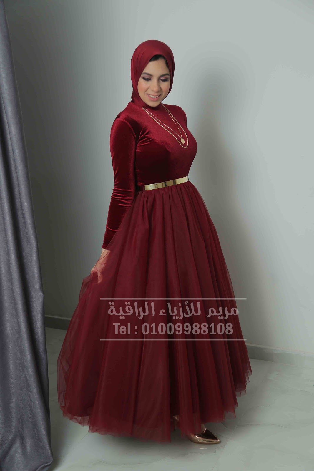 فستان سواريه وسهره للمحجبات باللون النبيتى من اتيليه مريم للأزياء الراقية Hijab Soiree Dresses - muslim Dresses