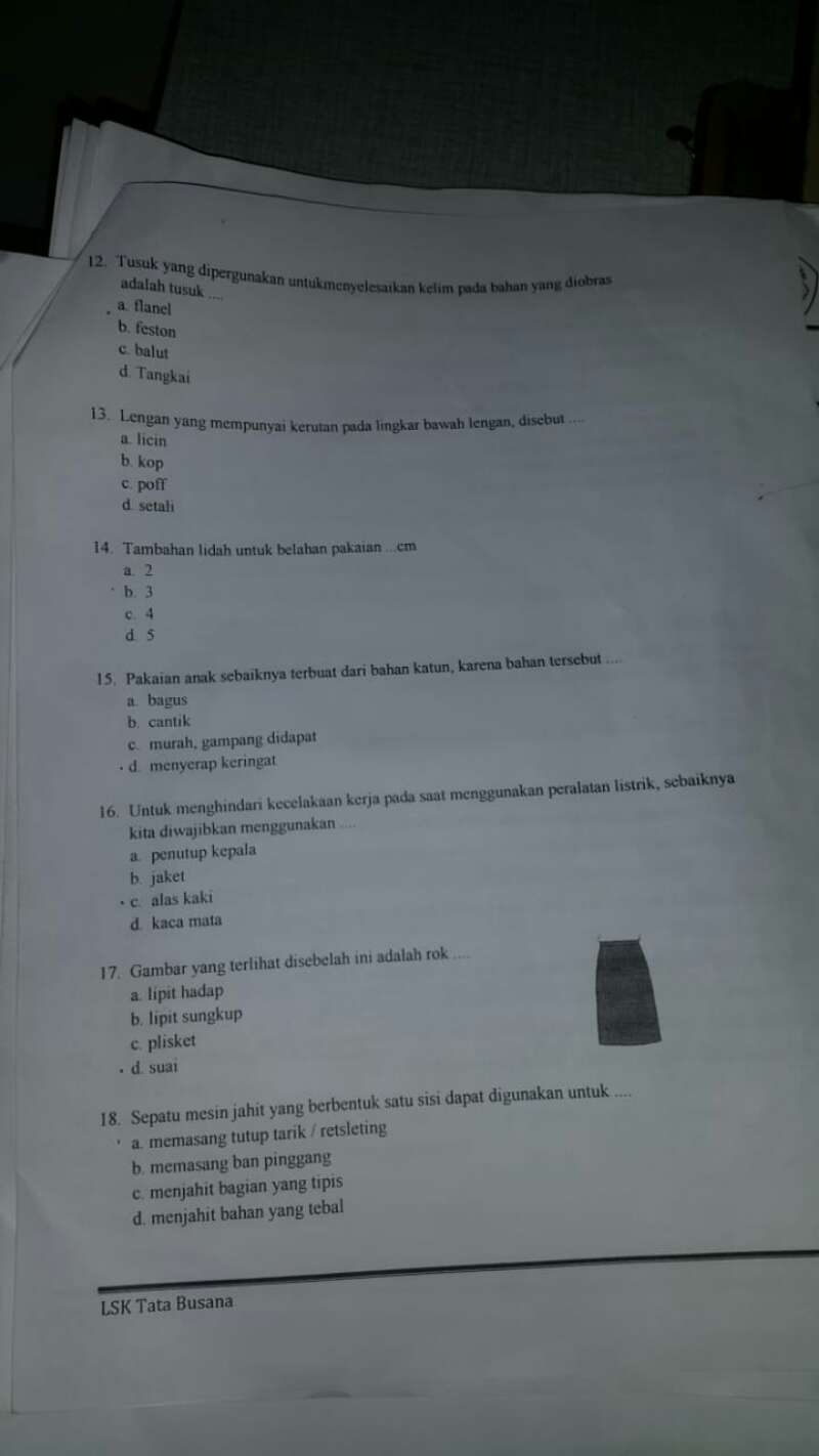 Uji Kompetensi Menjahit Minggu 13 Januari 2019 Soal Pertanyaan Dan Kunci Jawaban
