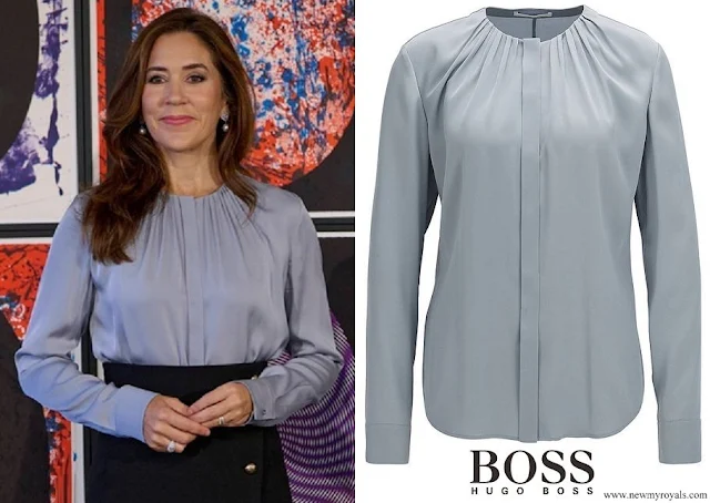 Crown Princess Mary wore Hugo Boss Banora Silk-blend blouse with gathered-neckline