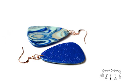 Boucles oreilles pâte polymère plaque de texture Mokume Gane Bleu Sahara Feuilles métallique bleues Cernit Fimo Stenna Création