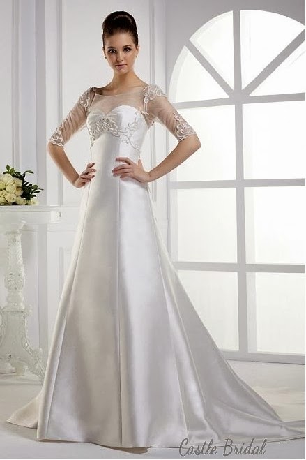 A Line Bateau Neck With Sheer Half Sleeves Satin Bridal Gown