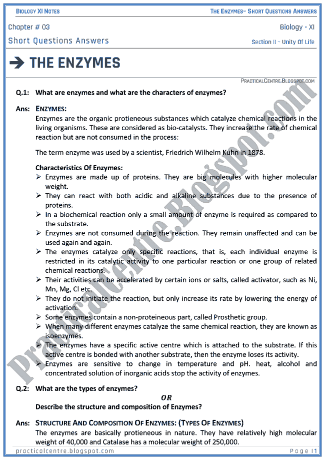 The Enzymes Short Questions Answers Biology XI Practical Centre