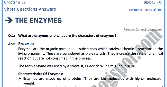 Practical Centre: The Enzymes - Short Questions Answers - Biology XI