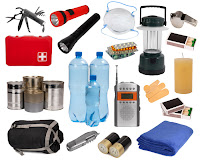 Various items for emergency supply kit, including food & water