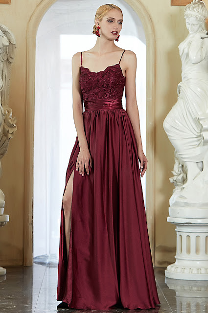 new spaghetti straps burgundy prom dress with slit
