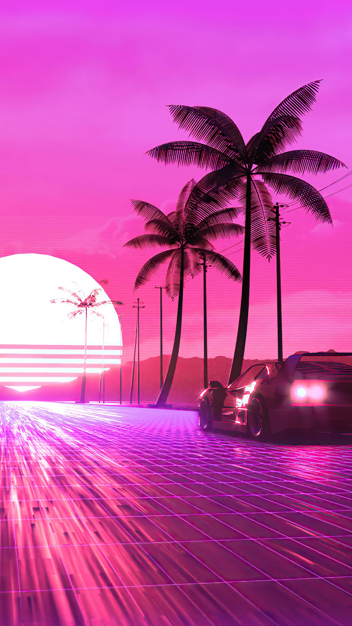 car outrun synthwave scenery digital art mobile wallpaper - HD Mobile Walls