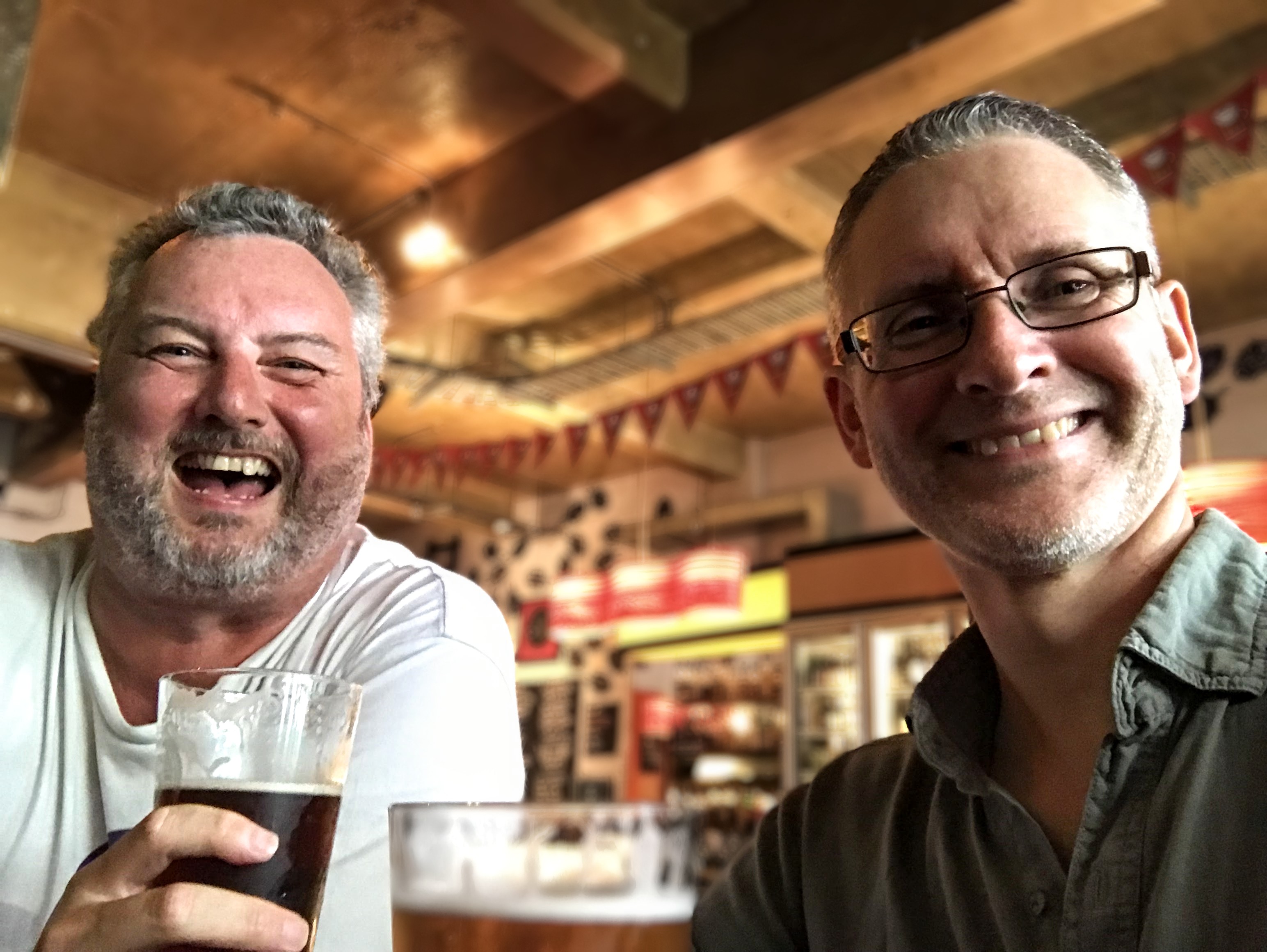 Mike and Rob fight the jetlag with beer