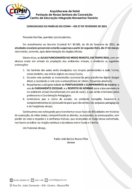 As aulas no CEIMH acontecerão de maneira remota, em tempo real, a partir do dia 1º de março.
