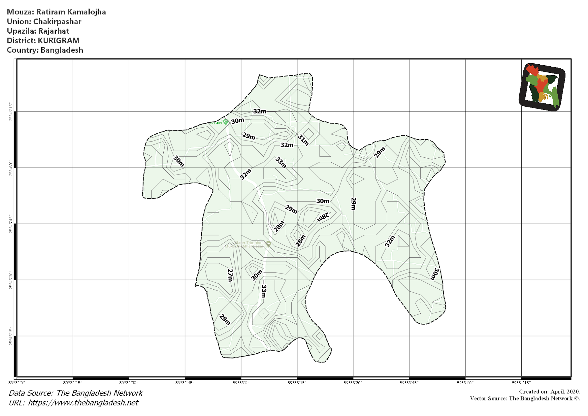 Map of Ratiram Kamalojha Mouza of Rajarhat Upazila, KURIGRAM, Bangladesh.