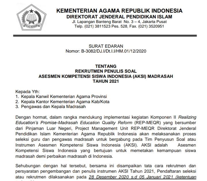 Surat Edaran Rekrutmen Penulis Soal Asesmen Kompetensi Siswa Indonesia Aksi Madrasah Tahun 2021 Home