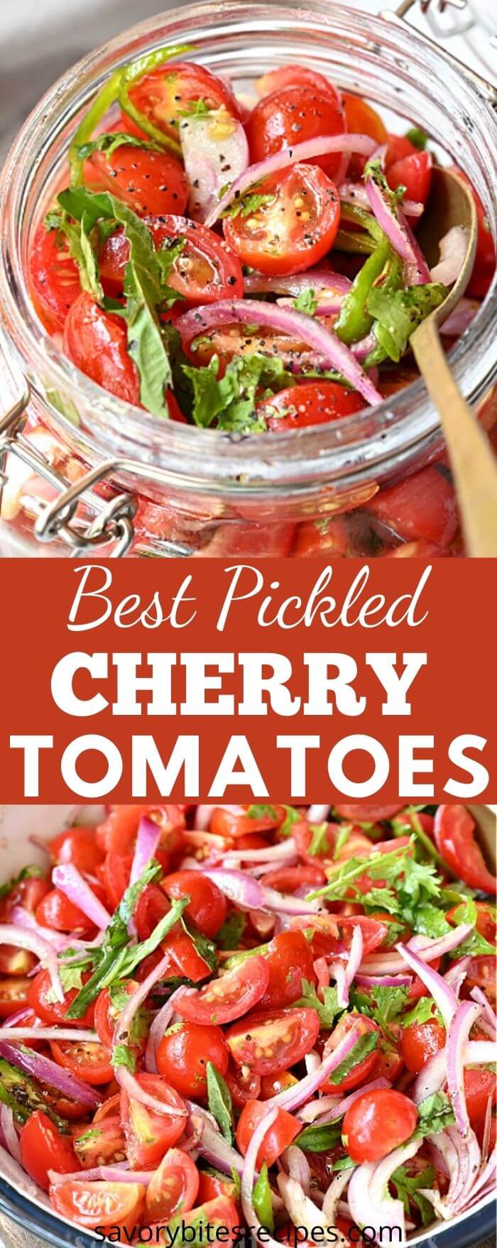 Easy and best recipe for marinated pickled cherry tomatoes is my favorite pickling recipe. You will learn canning pickled cherry tomatoes which are colorful, juicy side dish for summer! You won't stop snacking on these pickled cherry tomatoes and add them to salads, or enjoy as bruschetta or crostini. #savorybitesrecipes #pickledtomatoes #canning #cherrytomatoes #pickledcherrytomatoes Best Pickled cherry tomatoes