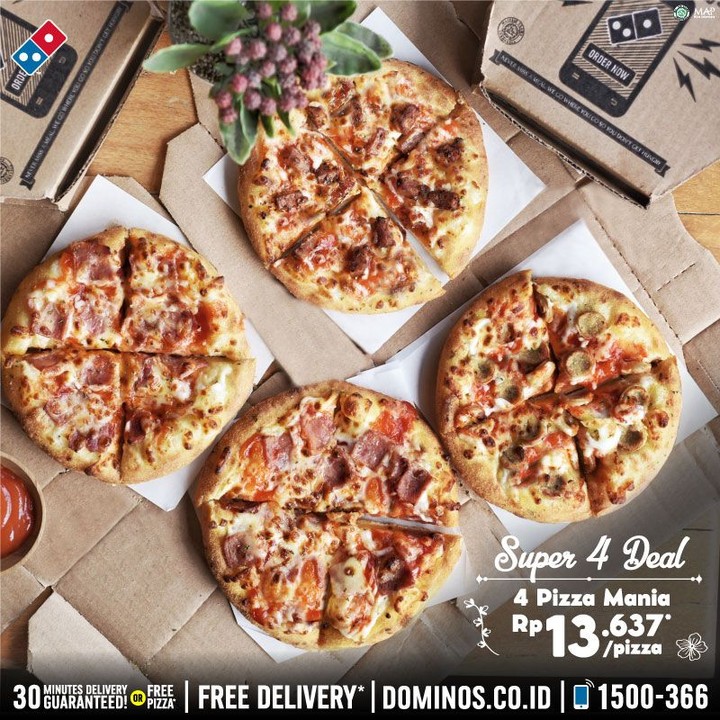 Promo Domino's Pizza Super 4 Deal 4 Pizza Mania Rp 13.676/Pizza scanharga