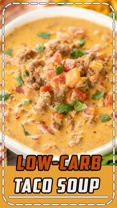 Low-Carb Taco Soup - SO good! I wanted to lick the bowl!! If you aren't doing low-carb, feel free to add corn and black beans. Ground beef, taco seasoning, Ranch dressing mix, diced tomatoes and green chilies, cream cheese, Velveeta, beef broth. Just dump every in the crock pot and dinner is done. Can freeze leftovers for a quick meal later. This soup is seriously delicious!! #crockpot #slowcooker #soup #taco #lowcarb