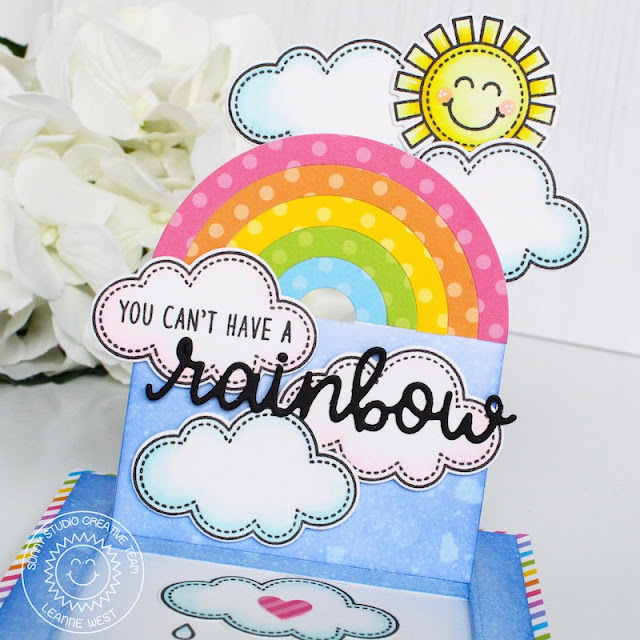 Sunny Studio Stamps: Over The Rainbow Sliding Window Die Rainbow Word Die Rainbow Themed Card by Leanne West