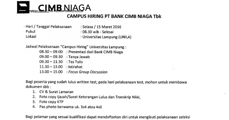 Lowongan Kerja PT BANK CIMB NIAGA Tbk Februari 2016