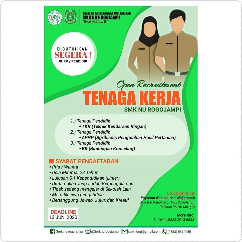 Lowongan Kerja Tenaga Pendidik/Guru SMK NU Rogojampi - kebanyuwangi