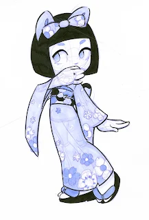 cat girl, cat in kimono, kokeshi doll, kokeshi girl, marker illustration