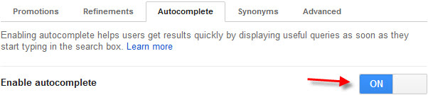 Autocomplete settings for the Google custom search engine.