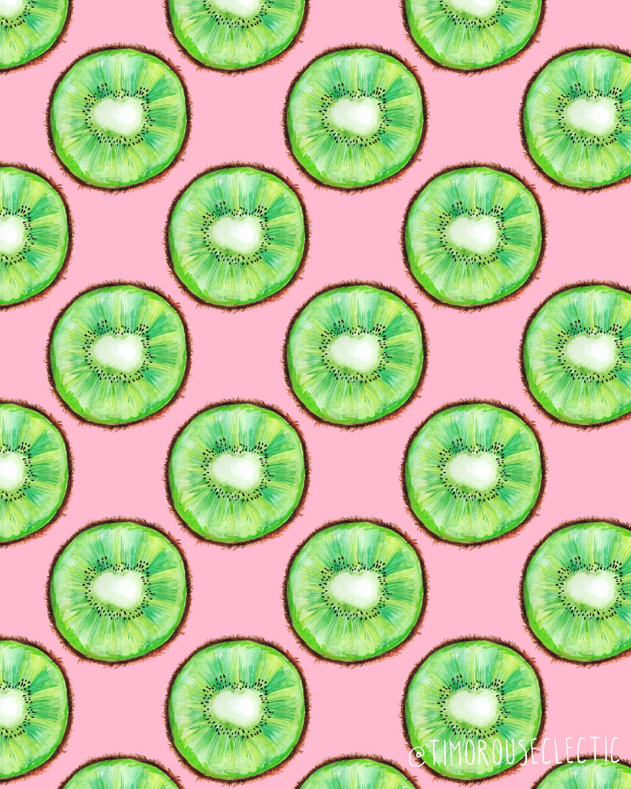 watercolor and mixed media kiwi fruit slices on a pale pink background.