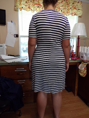 Butterick 6621 View C Navy Stripe Mock Wrap Knit Dress www.sewplus.blogspot.com
