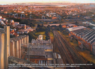 plein air oil painting of nocturne from the top of the silos of the Mungo Scott Flour Mills Summer Hill painted by landscape artist Jane Bennett