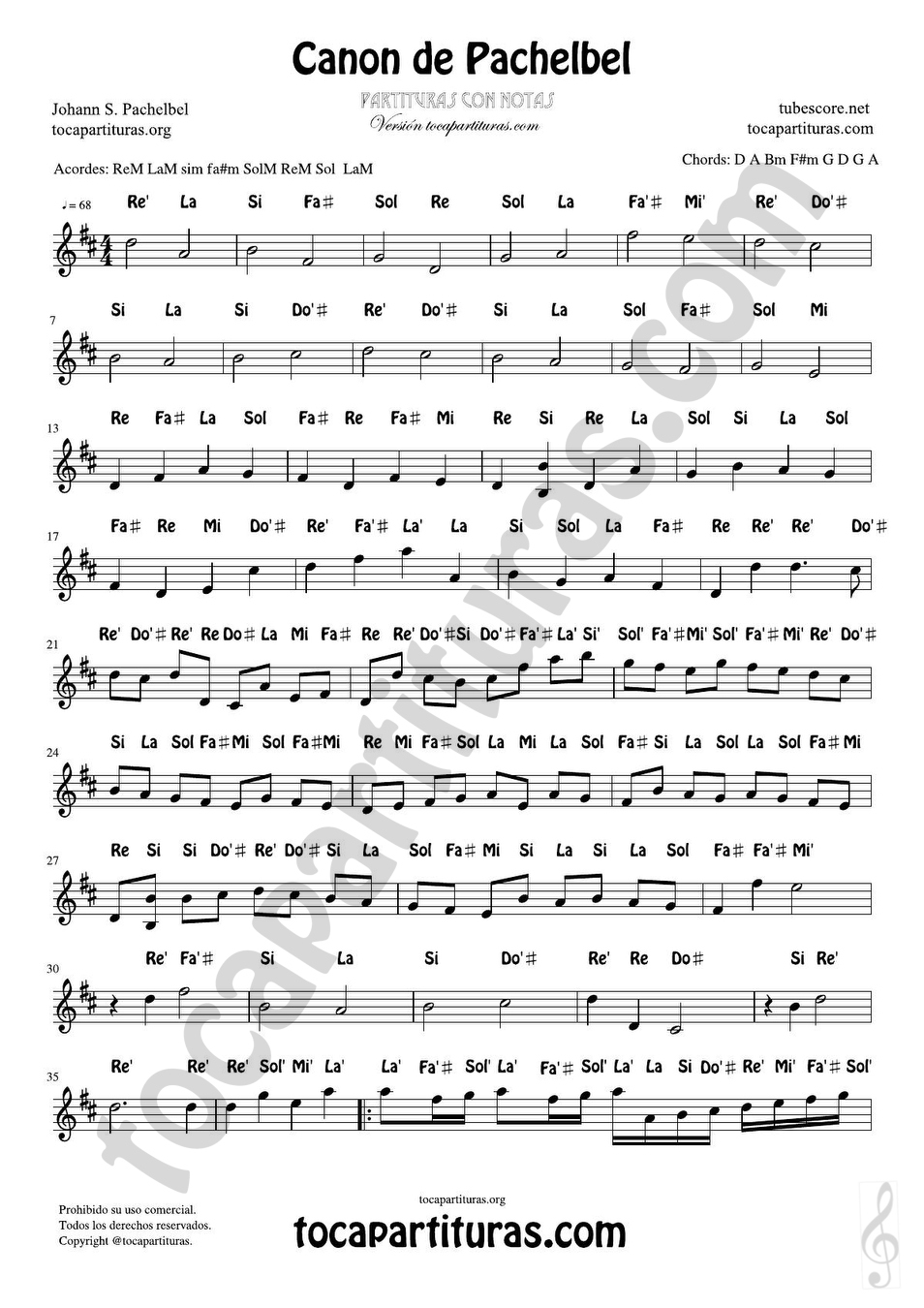 tocapartituras Canon de Pachelbel en Re Partitura Fácil con Notas en Letra en Clave de Sol