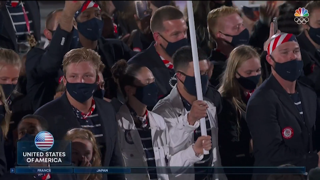 Tokyo 2021 Olympics Opening Ceremony Parade of Nations USA America flag delegation mask not covering nose