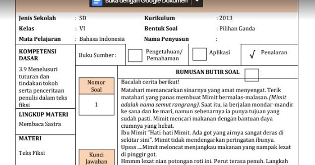 Contoh Soal Hots Jenjang Sd Mata Pelajaran Bahasa Indonesia Sekolahdasar Net