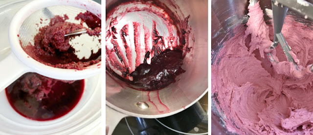 Straining raspberries - cooked down puree - mixed with icing Straining raspberries - cooked down puree - mixed with icing