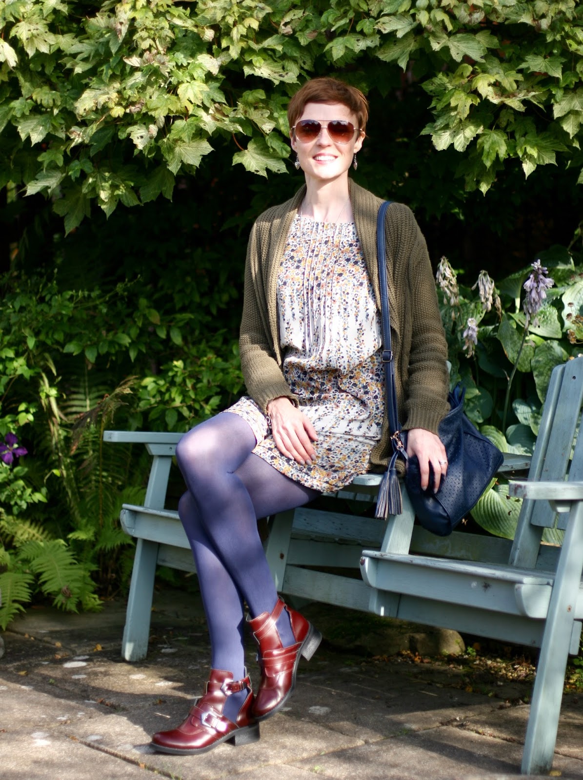 Casual daywear, over 40 Short floral dress and coloured tights