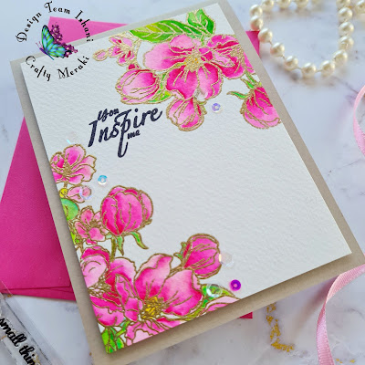 CAS floral card with cherry blossoms, pink flowers card, Crafty Meraki You inspire me, Crafty Meraki flower stamp, Watercolors with gold embossing, Quillish CAS floral card with cherry blossoms, pink flowers card, Crafty Meraki You inspire me, Crafty Meraki flower stamp, Watercolors with gold embossing, Quillish