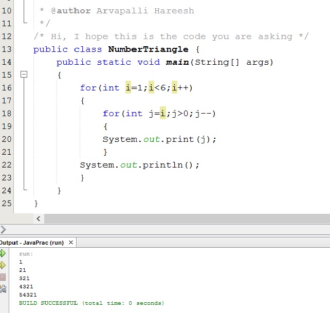 హరీశ్ Number Triangle program in java