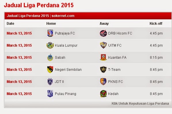 Jadual Perlawanan Liga Perdana 13.03.2015