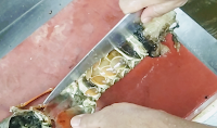 Cutting lobster tail for removing lobster tails meat